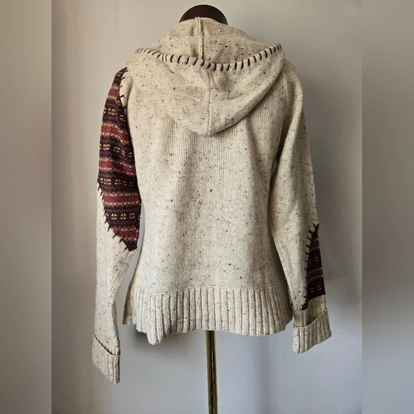 POWDER ROOM Knit Cream and Brown Patchwork Stitch Hooded Sweater. Size Large - Picture 6 of 11